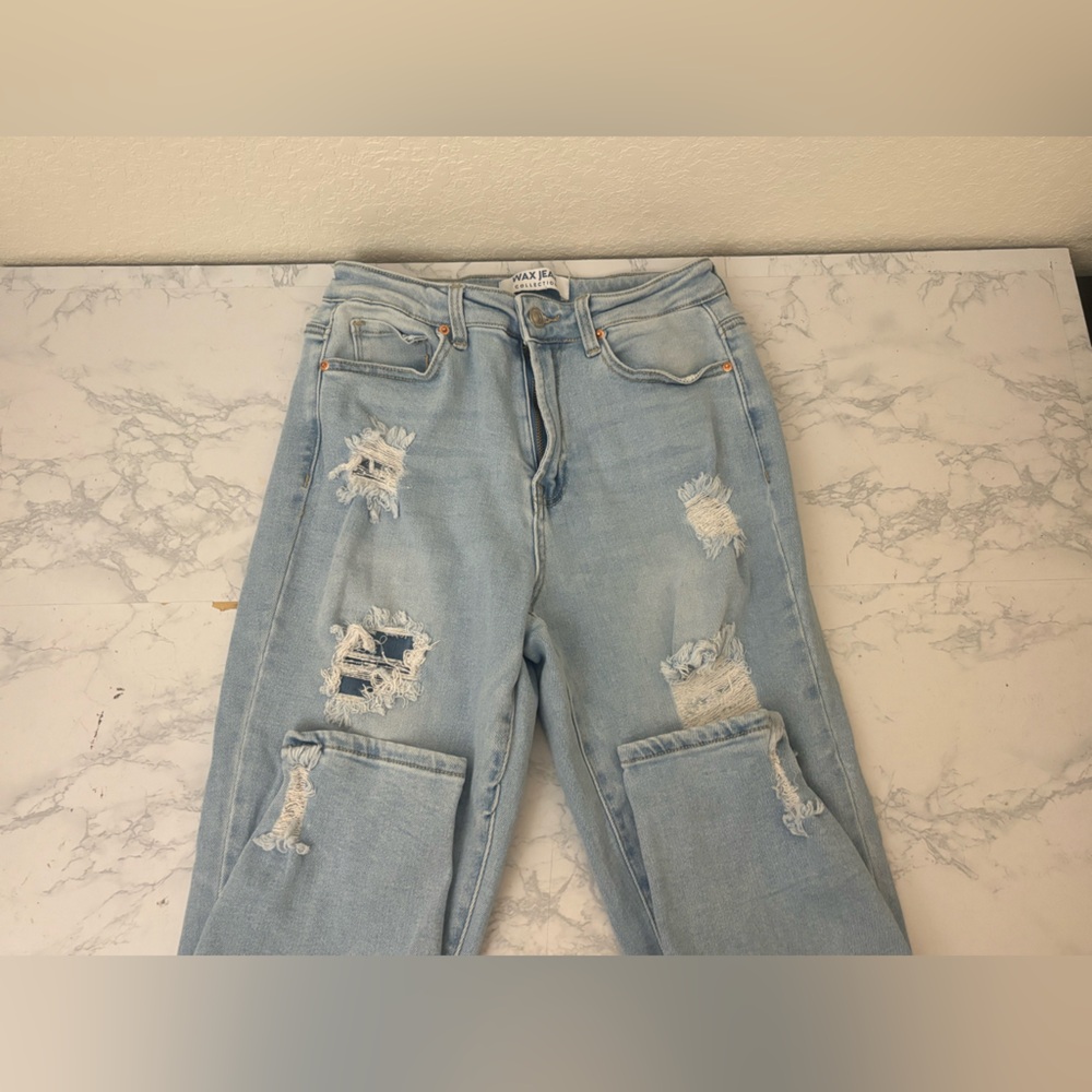 Wax Jean Women’s 5 / 27 High Waisted Light Blue Distressed Skinny Leg Denim - Picture 3 of 5